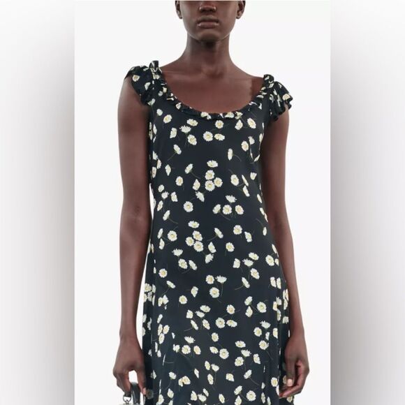 The Kooples black, white and yellow Daisies Satin slip dress y2K inspired - Picture 10 of 11